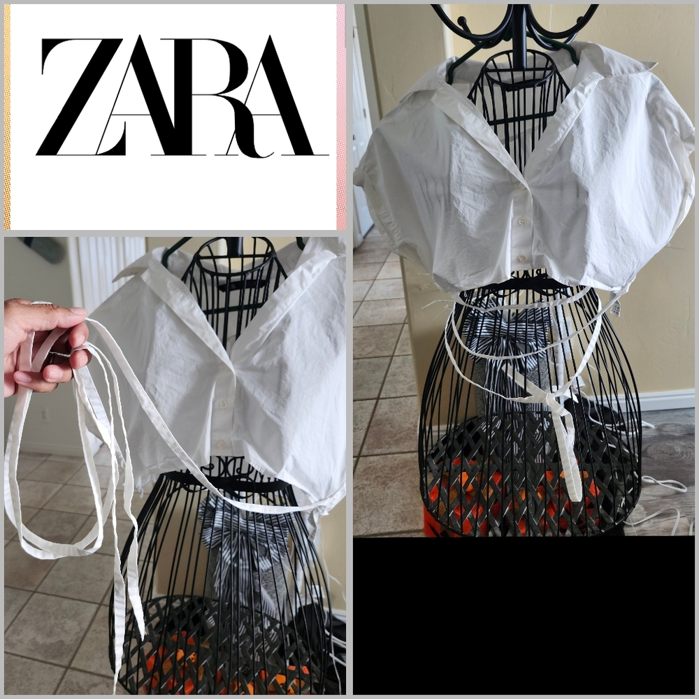 Zara White Wrap Tie Button-Up Short Sleeve Crop Top Women's Size Small